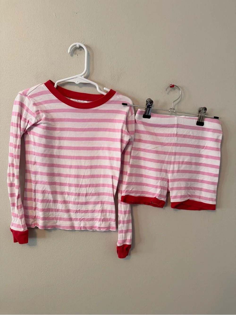 Lake Pink & White Stripe Kids Pajama Set with Red Trim